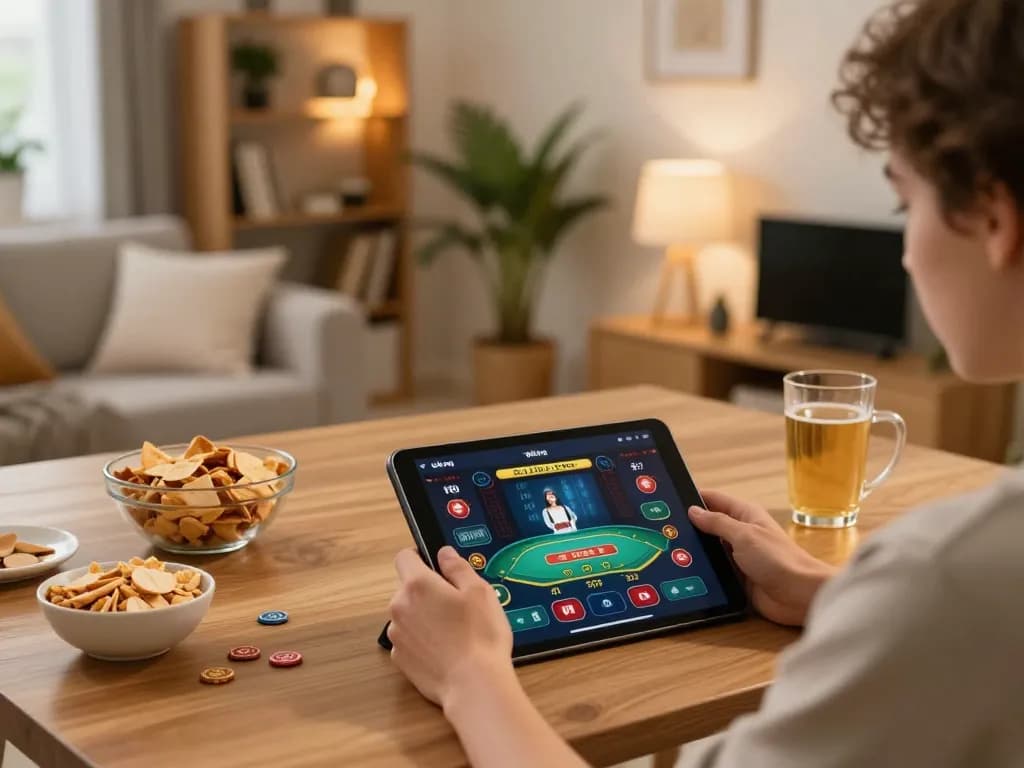 Engaging with the okking app on a tablet for social casino experiences in a cozy home setting.