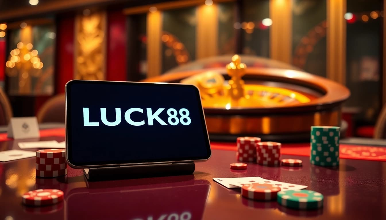 LUCKY88 gaming table showcasing professional poker chips and high-quality cards for online gambling.