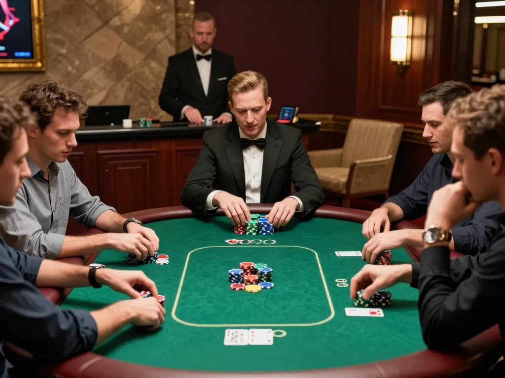Players in a high-stakes poker game at an upscale casino, showcasing the excitement of winning strategies at 8day.