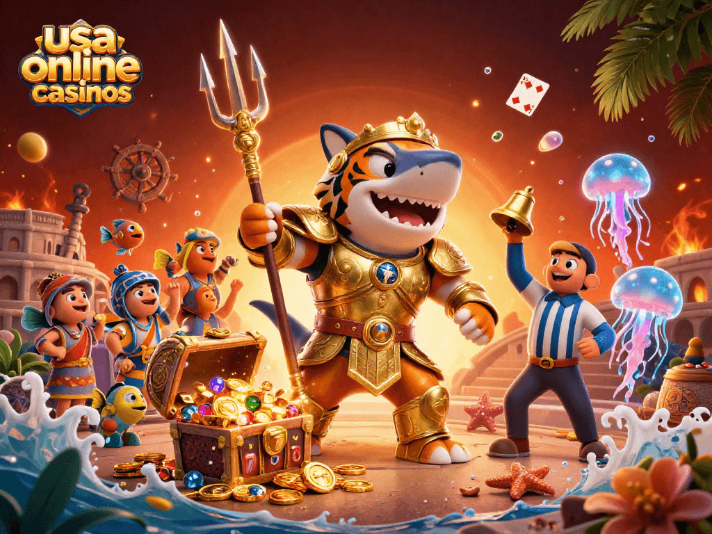 Engage in the excitement of usa online casinos with a tiger shark gladiator and vibrant slot games.