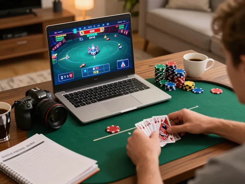 Net88 poker players strategizing in an engaging online game at home, showcasing vibrant graphics and warm atmosphere.