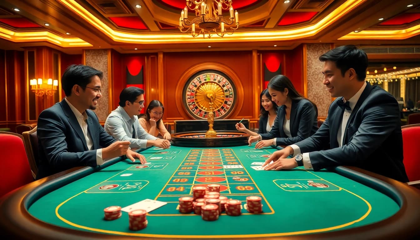 Players enjoying a thrilling Baccarat game at 99ok casino, surrounded by luxury.