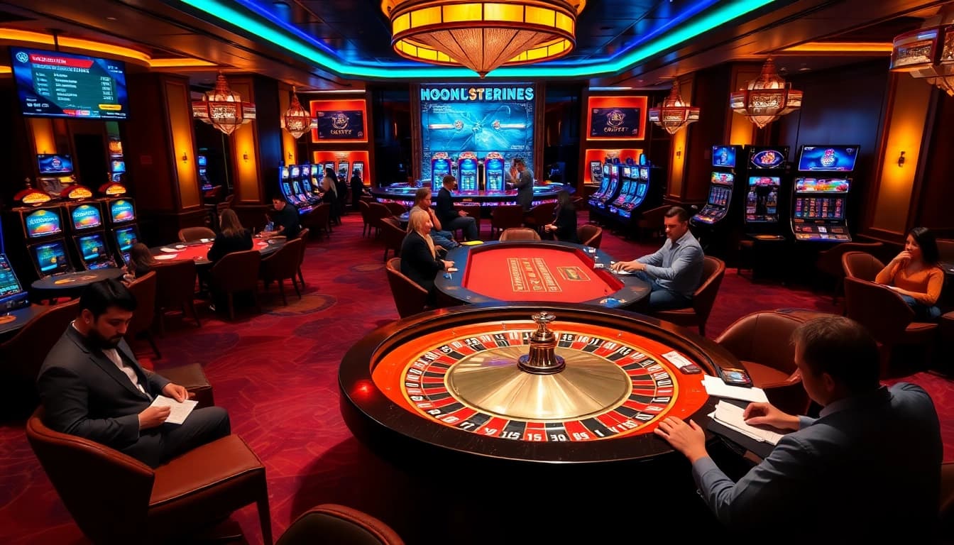 Experience the excitement of 68VIP Casino with engaging roulette tables and vibrant slot machines.