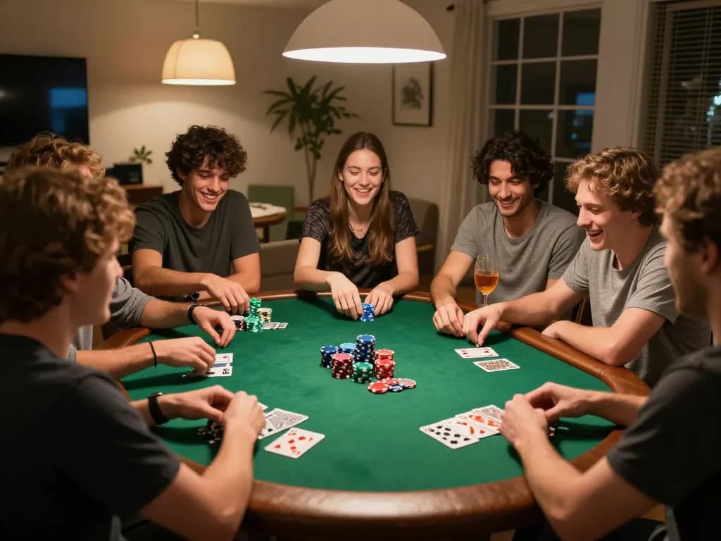 Friends enjoying an exciting home poker night, placing bets at the table with RR88 branding.