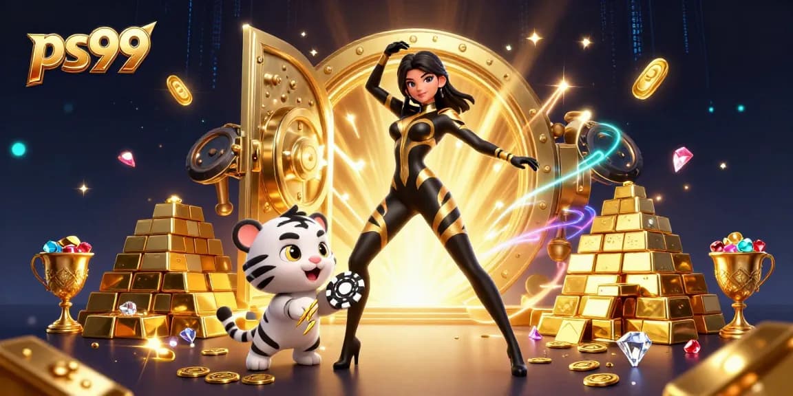Spin to win with ps99 in a vibrant casino scene featuring playful characters and jackpot treasures.