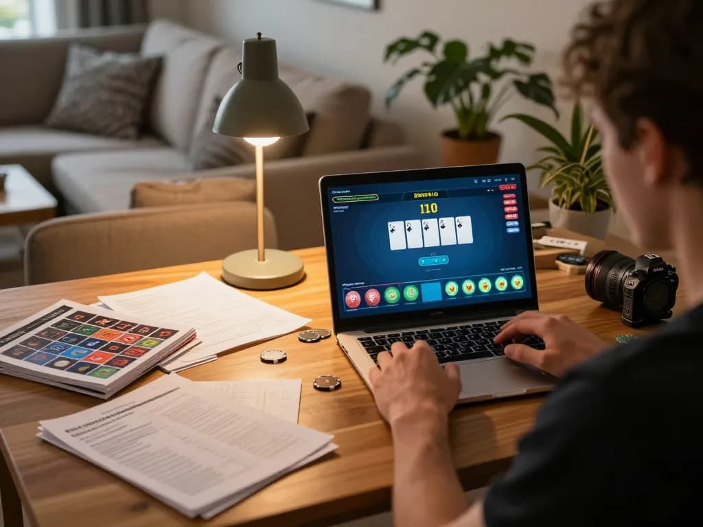 Engaging in online poker at https://www.mnm88.com/ with a cozy gaming setup and strategy notes visible