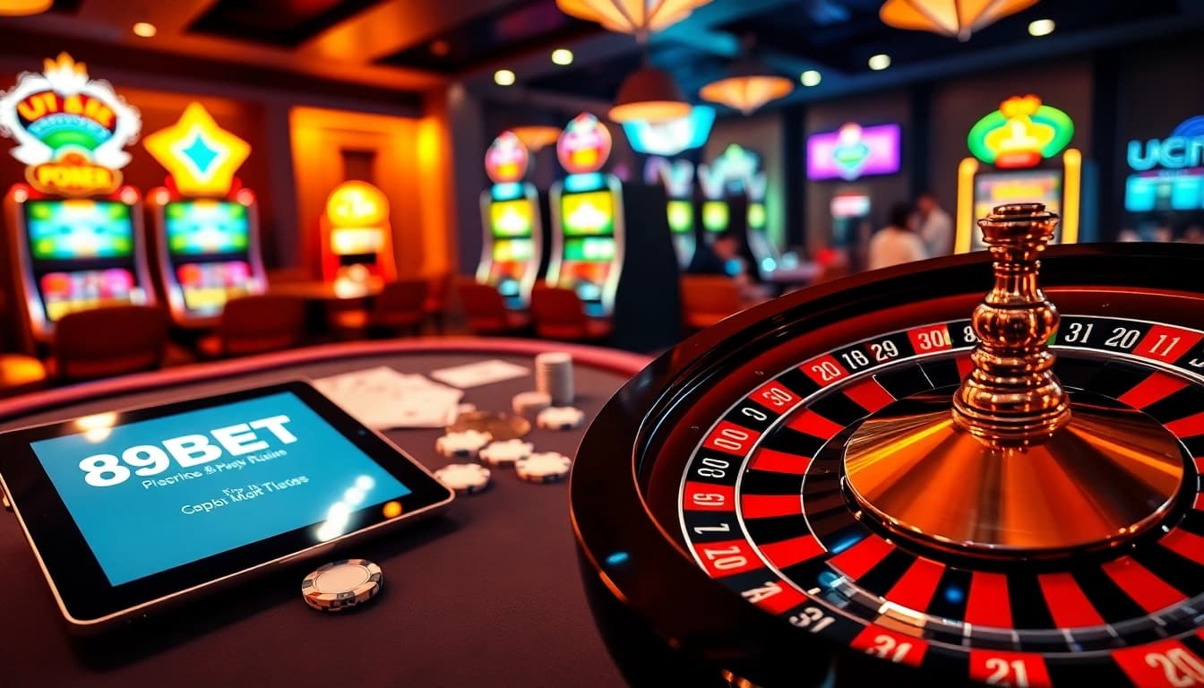 Exciting gaming scene at 89BET Casino featuring roulette and poker elements.