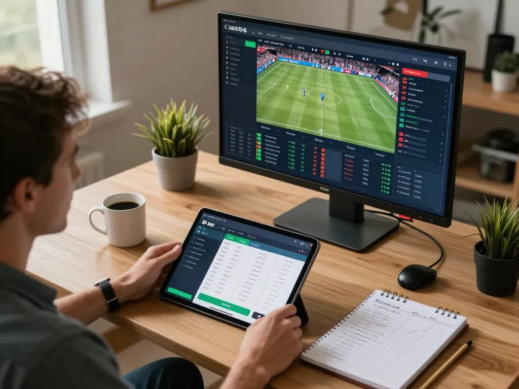 Engaging in sports betting with the 89 bet app, modern home office setup with live sports display.