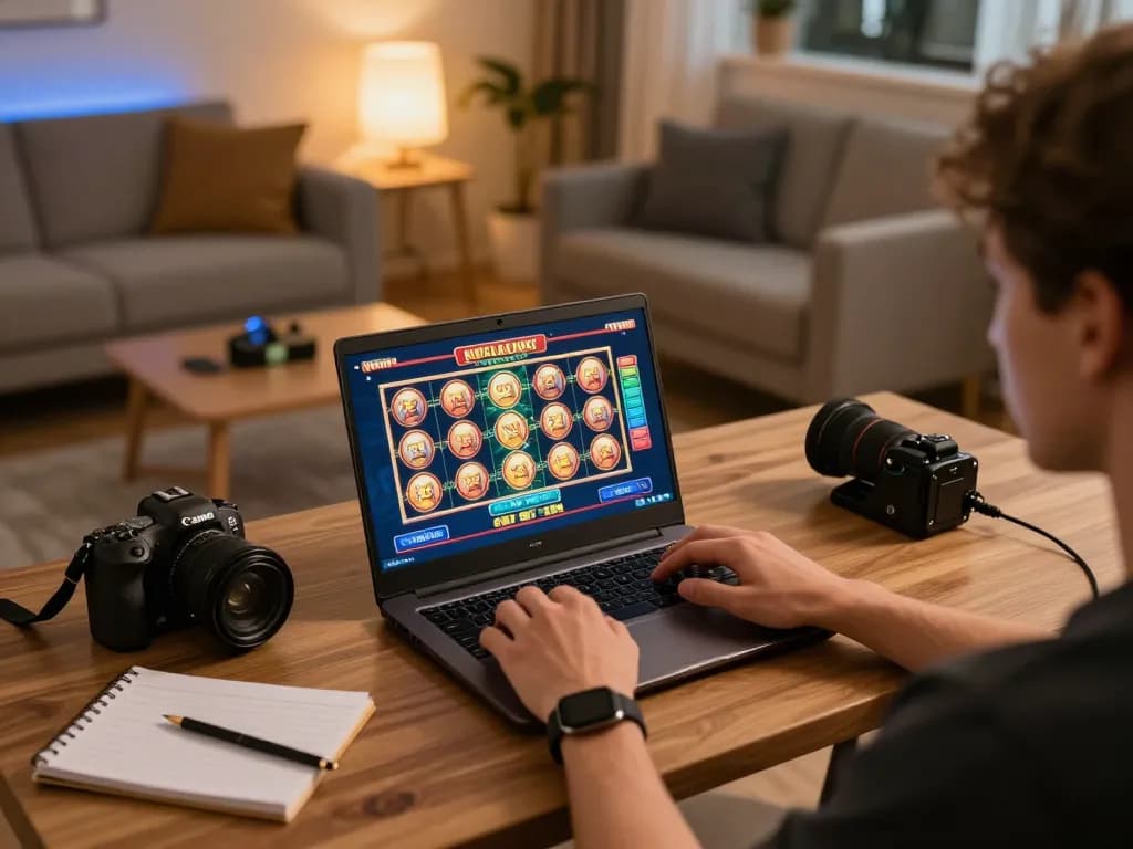 Engaging home gaming scene with a player on 789club laptop enjoying slot games.