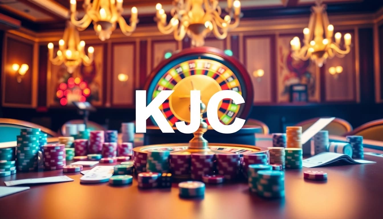 KJC's vibrant casino scene featuring engaging table games with colorful chips, bets, and a spinning roulette wheel.
