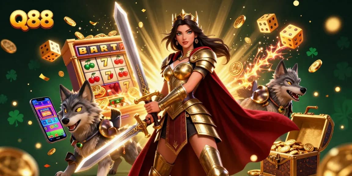 Experience the thrill of winning at Q88 with a captivating 3D illustration of a warrior queen and her lucky wolf.