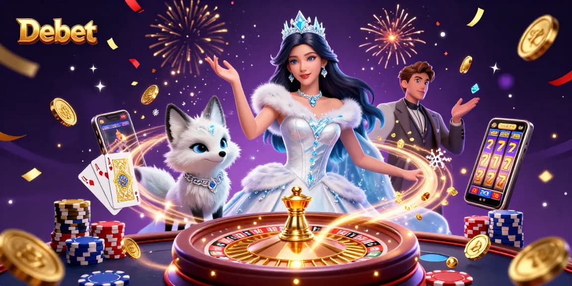 Bet big with Debet in this vibrant casino illustration featuring a stylish woman and a playful arctic fox.