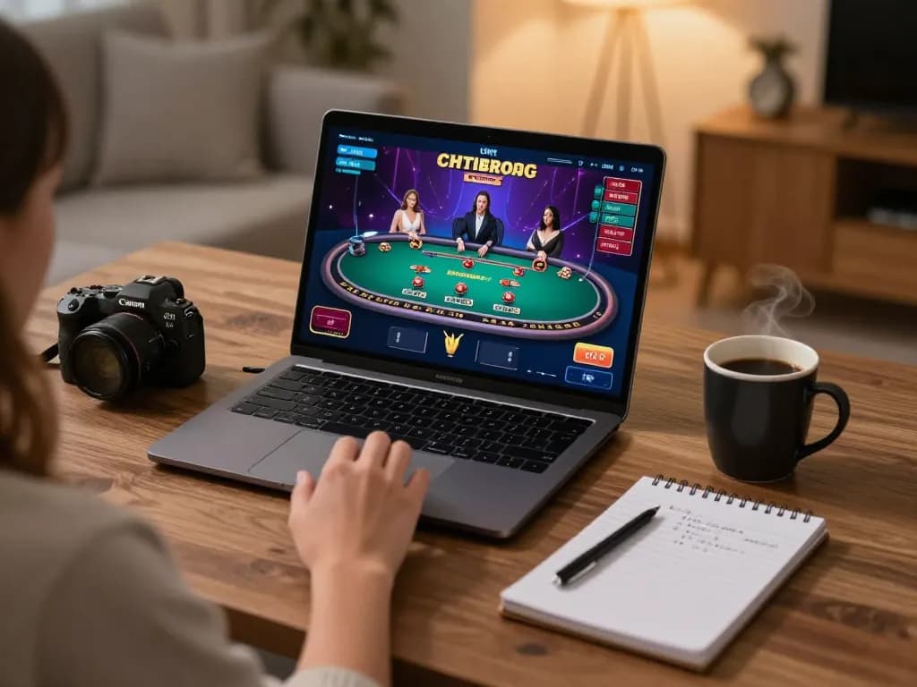 MM88 player engaging in a live blackjack game on their laptop, showcasing strategy and excitement in an inviting home environment.