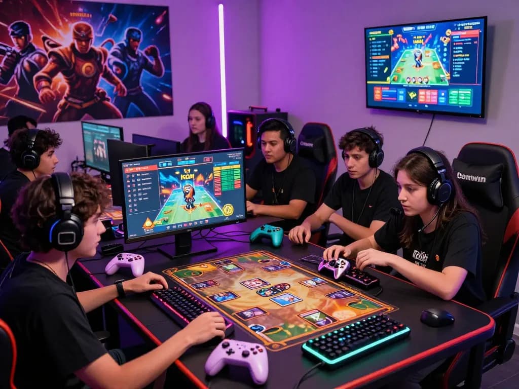 Engaged players at a bomwin online gaming setup with vibrant LED lighting and competitive atmosphere.