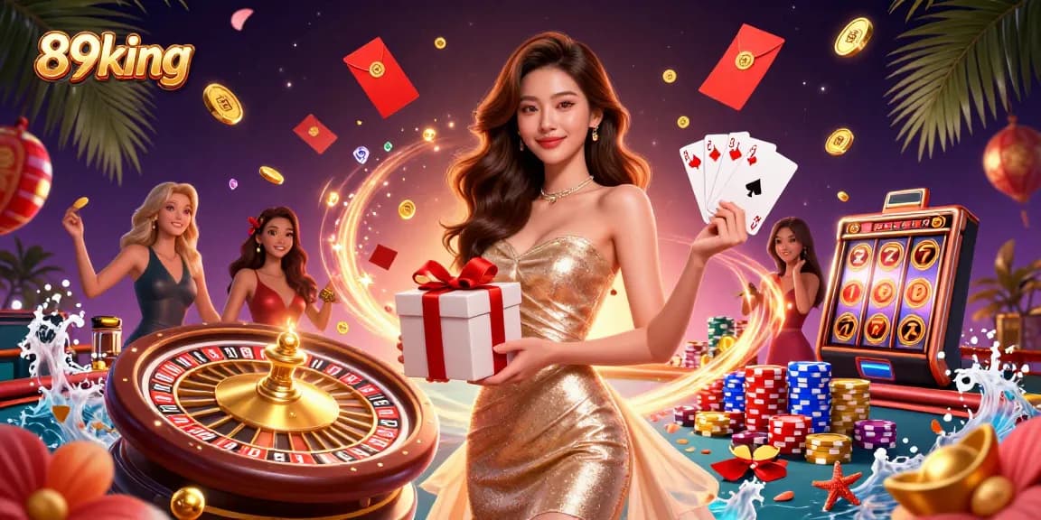 Win big with 89king at an extravagant casino, surrounded by floating coins and festive decor.