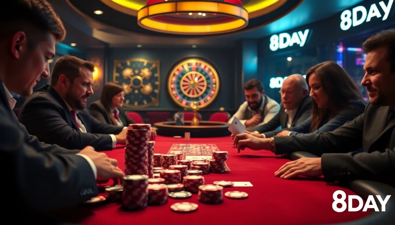 Players enjoying a high-stakes poker game at 8DAY casino with vibrant chips and cards.