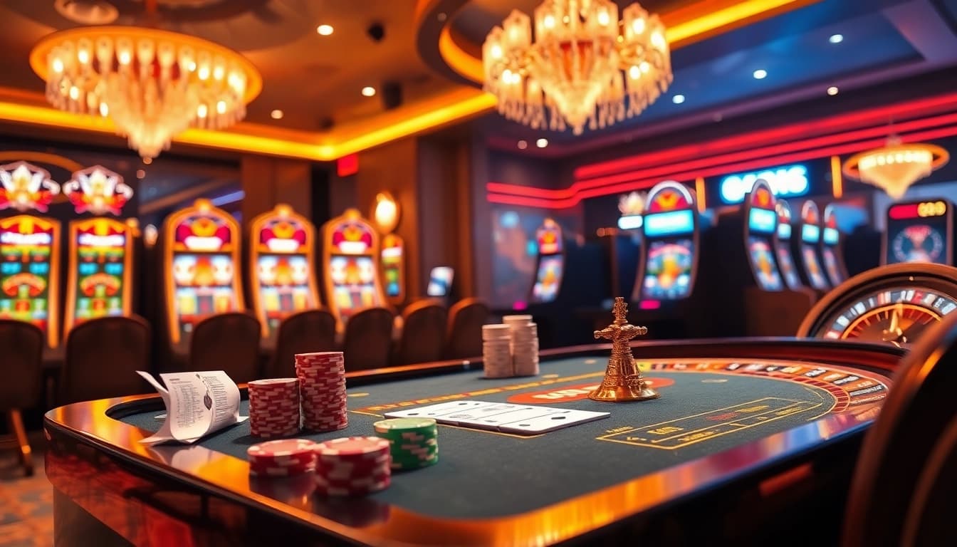G28 online casino experience with vibrant slot machines, poker chips, and roulette wheels.