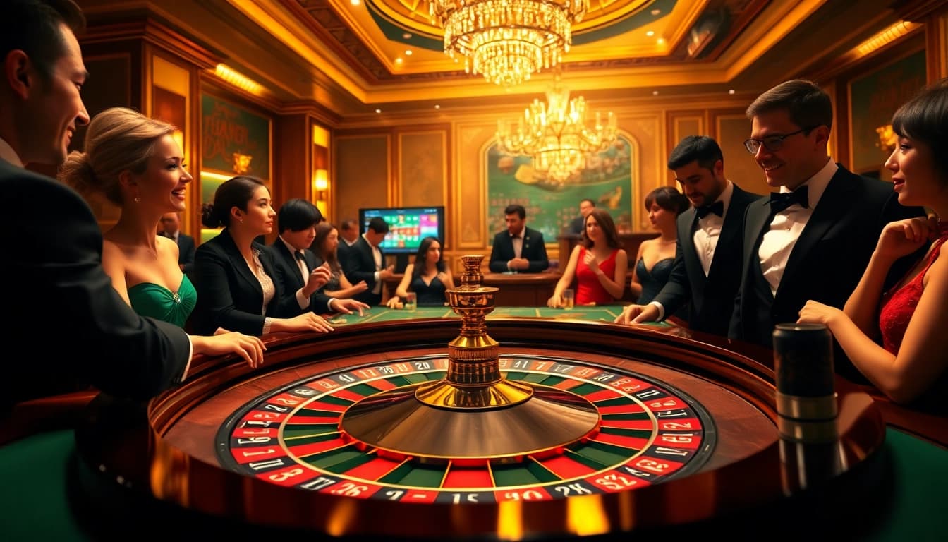 Experience the thrill of winning at the casino with vibrant games at https://thabett.io/, showcasing roulette and excited players.