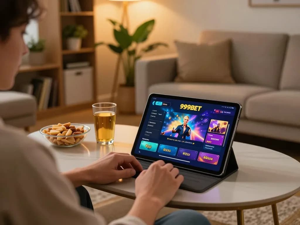 Player enjoying the 999bet online casino app on tablet in a cozy home setting