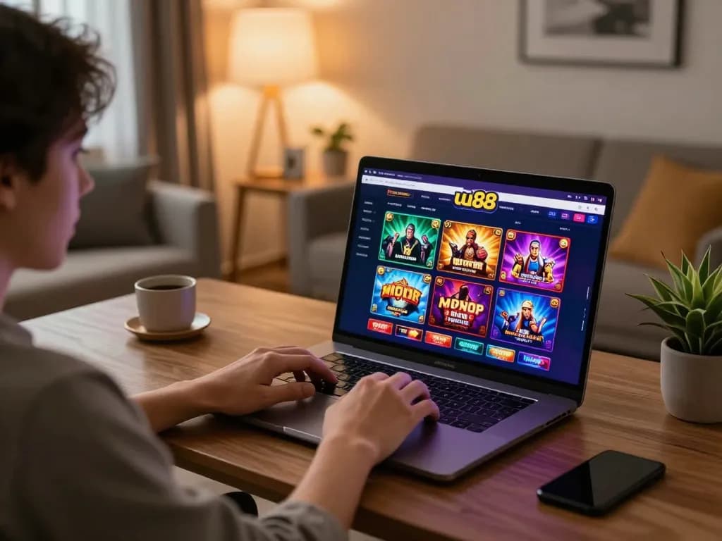 Engaging online gaming experience at uu88 with player enjoying a laptop in a cozy setting.