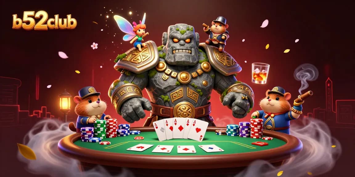 Experience excitement at b52club with a magical greeting from the stone golem and hamster knight at poker.