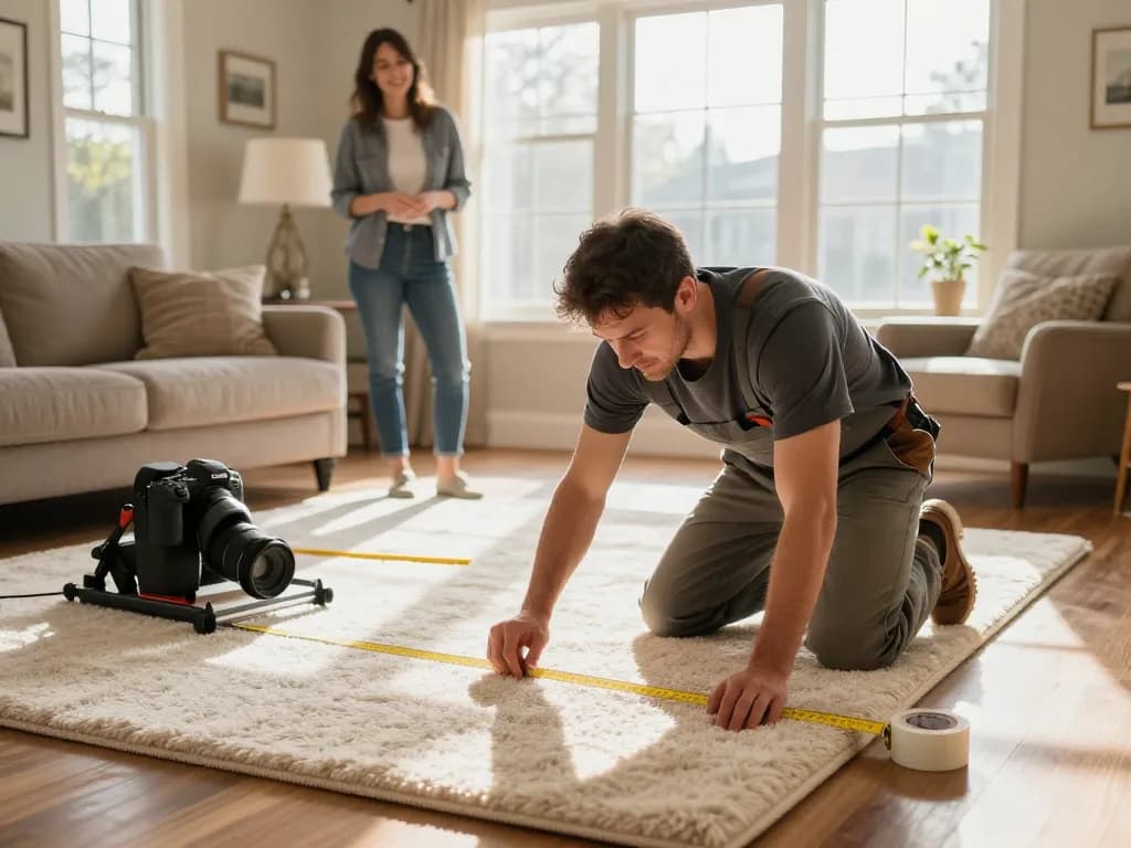Professional home carpet fitting services in a cozy living room with tools and a satisfied homeowner.
