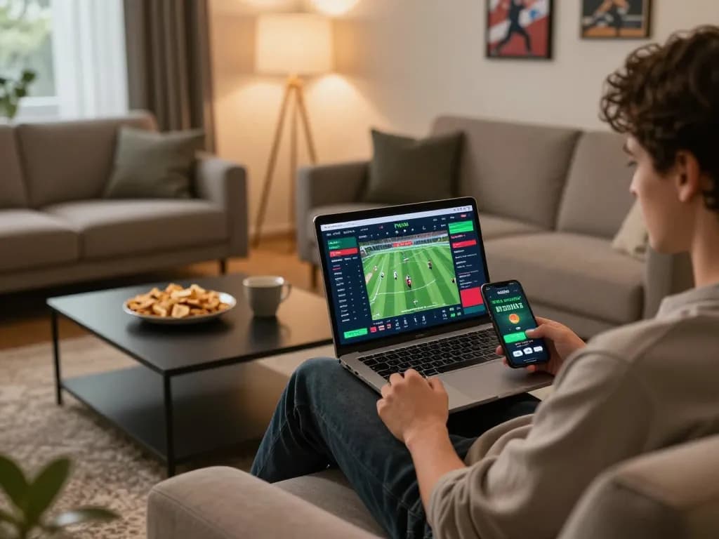 Person engaging in online sports betting on bongdalu from a comfortable home setup, displaying strategy.