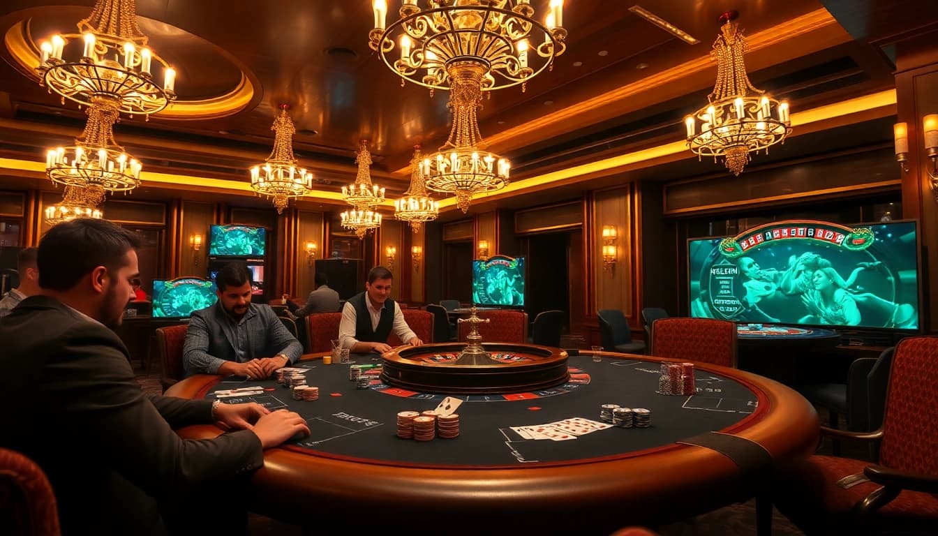 Players engaging in high-stakes poker at a luxurious casino table, representing hm88.con gambling excitement.