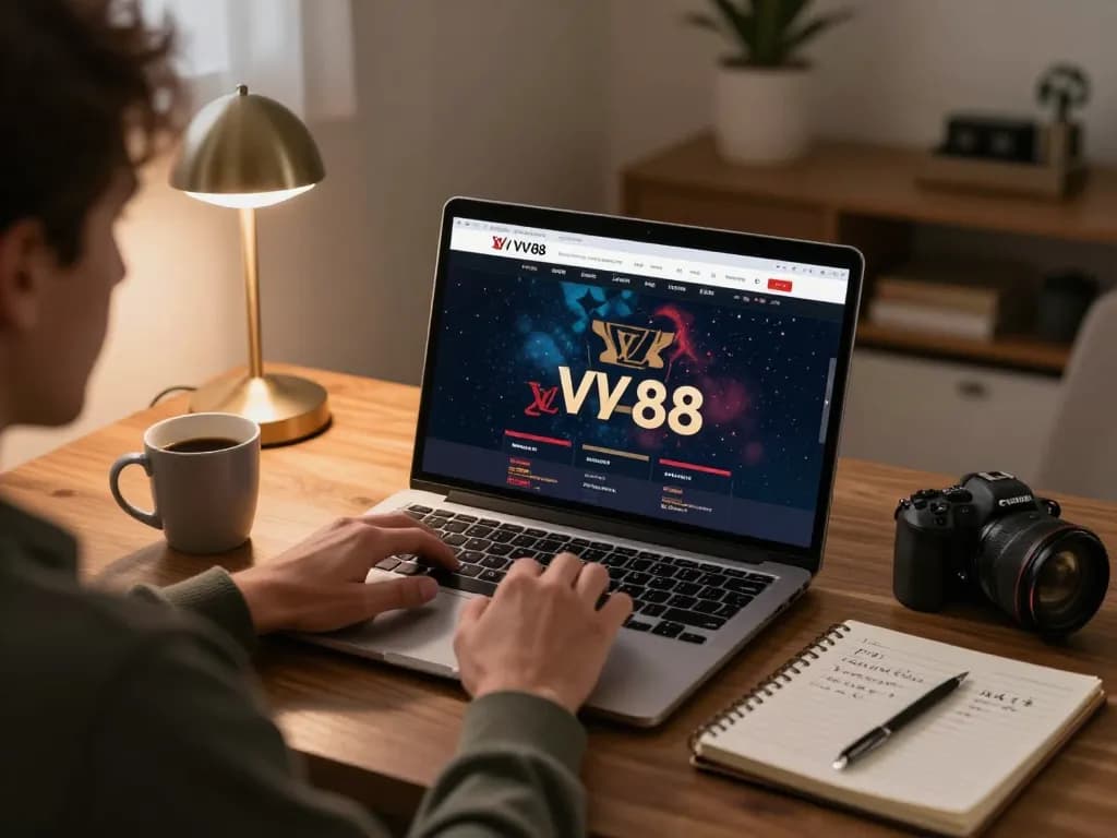 Player using LV88 online casino website on a sleek laptop in a cozy home setting, focusing on strategic betting.