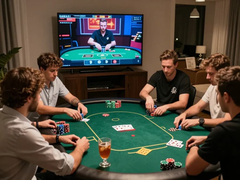 Players strategizing during an online poker game at https://sc88.casino/, showcasing excitement and engagement in a cozy home setting