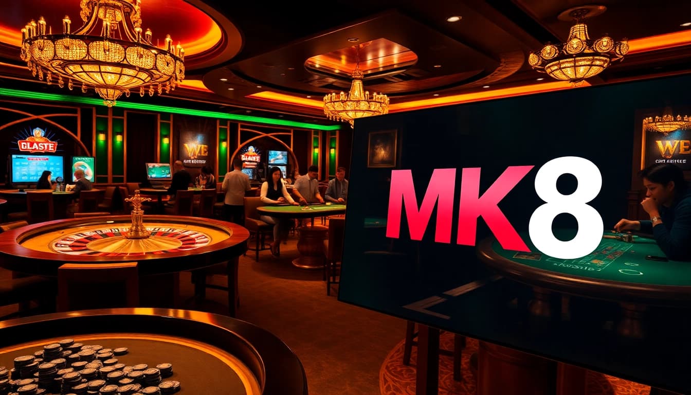 Engaging players at a casino table featuring MK8 branding, highlighting a thrilling gambling night.