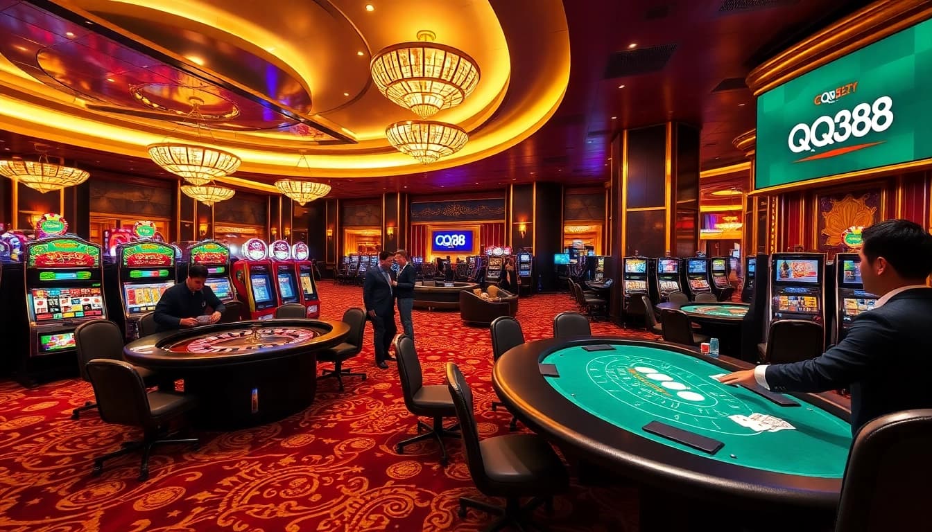 Experience the thrill of Nhà cái uy tín QQ88 in a vibrant casino with roulette and slot machines.