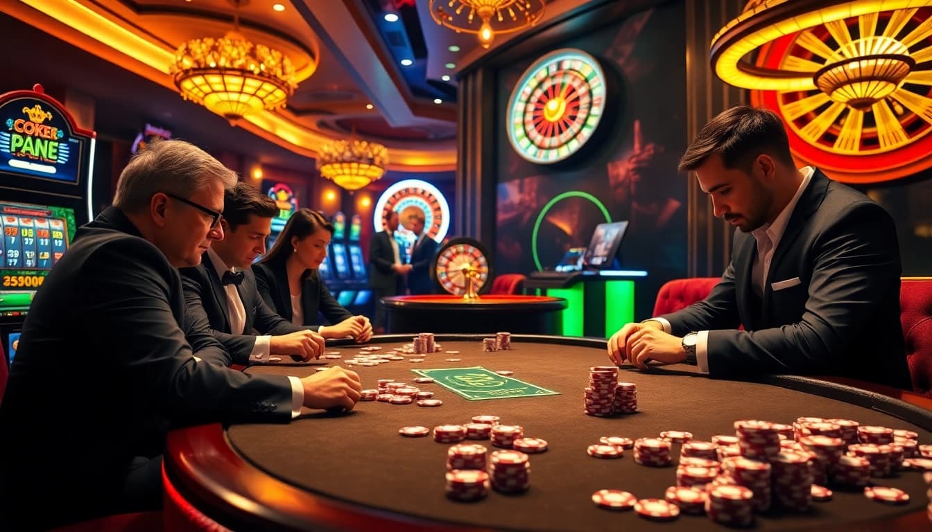 Players experiencing the thrill of high-stakes poker at KK55 casino with vibrant lighting.