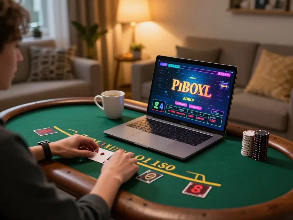 Player enjoying online blackjack at trang chủ lv88 in a cozy home setting with a laptop and coffee.
