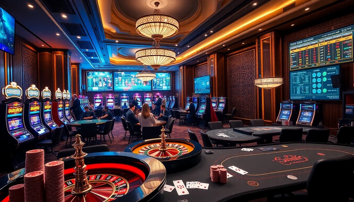 Experience high-stakes gaming excitement at the DA88 casino tables with vibrant lights and dynamic players.
