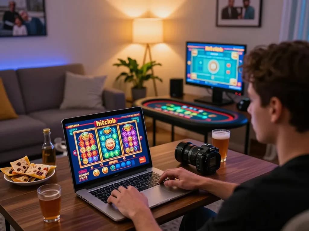 Player navigating hitclub online casino interface on laptop in inviting home setting