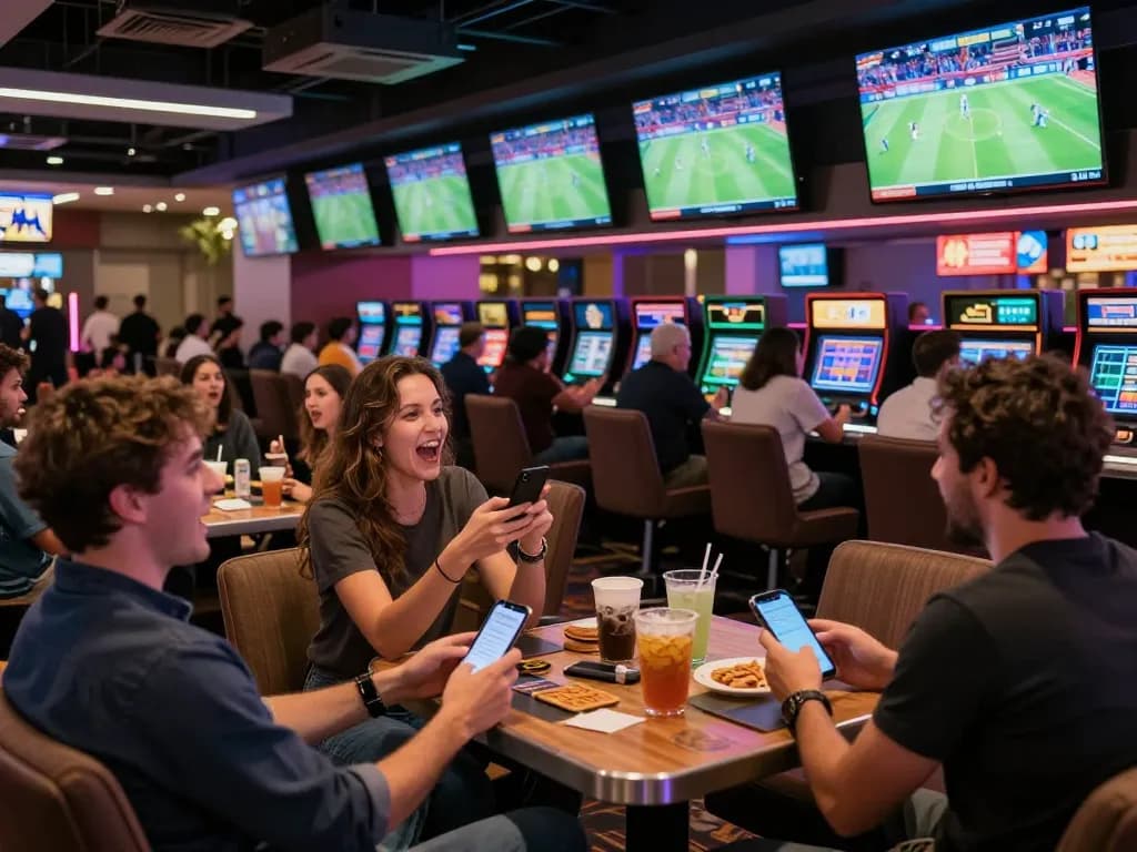Engaging moment at 789 Win sports betting lounge with enthusiastic patrons placing bets and cheering