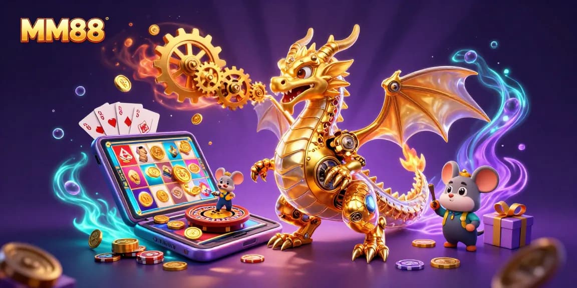 Engage in a vibrant gaming scene with MM88, featuring a biomechanical dragon, slot games, and golden coins.