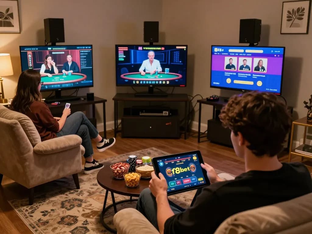 Player enjoying f8betz online poker on a tablet, warm home ambiance with gaming elements.