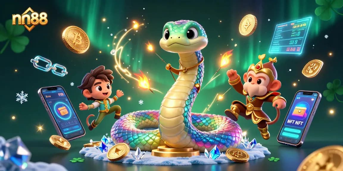 Engage with nn88's vibrant casino world, featuring a playful monkey and glittering crypto elements.