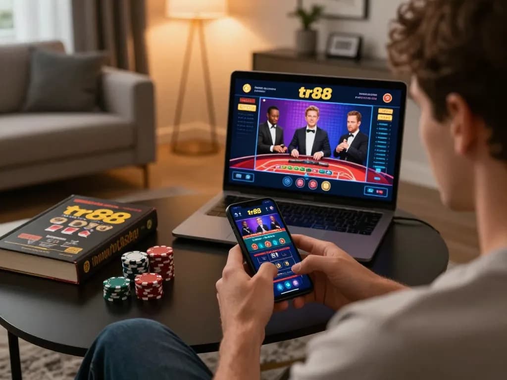 Engaging smartphone gaming with tr88 in a modern cozy setting emphasizing responsible gambling.