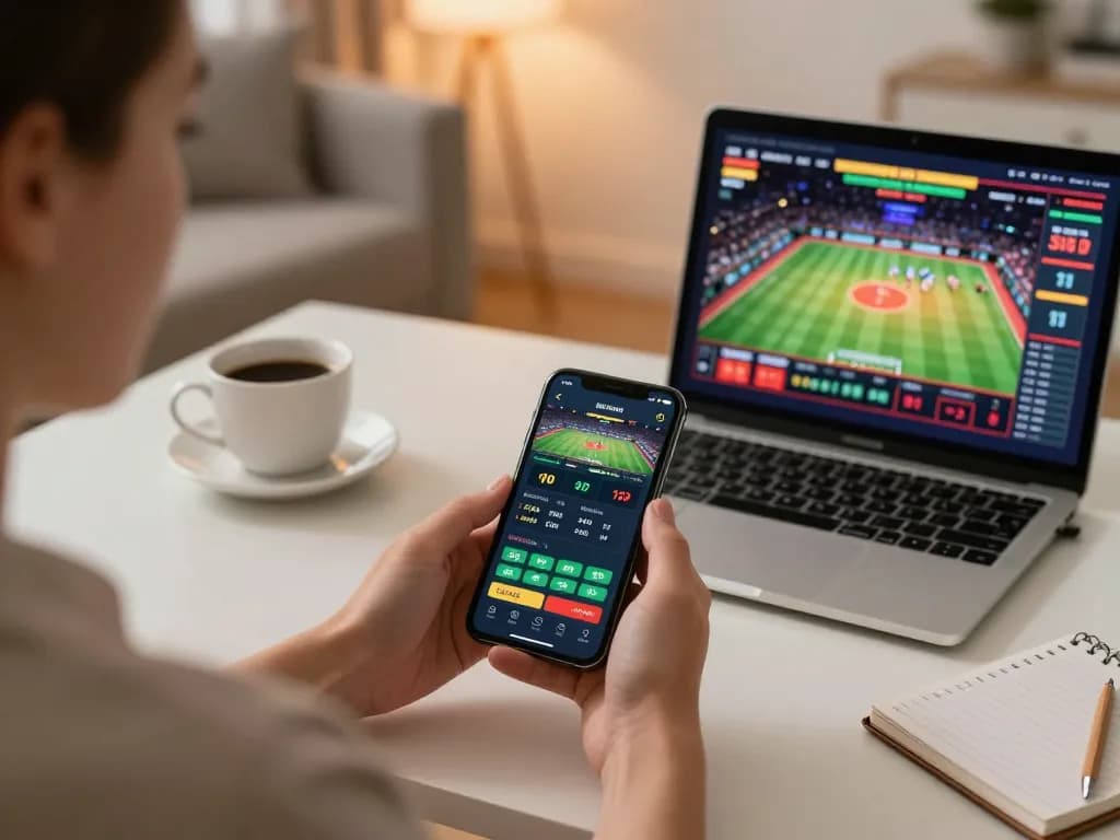 23winn user engaging in mobile sports betting on a smartphone in a cozy home setting.