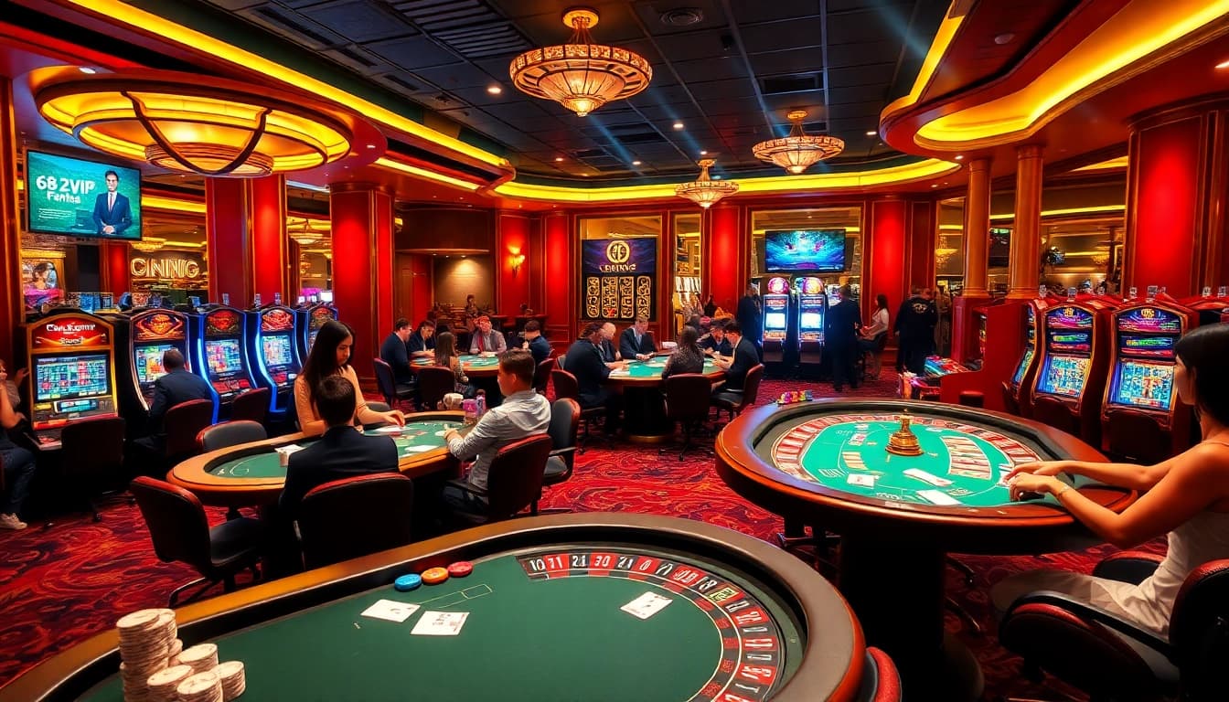 Experience the vibrant thrill of 68VIP casino with engaging poker games and illuminated slot machines.