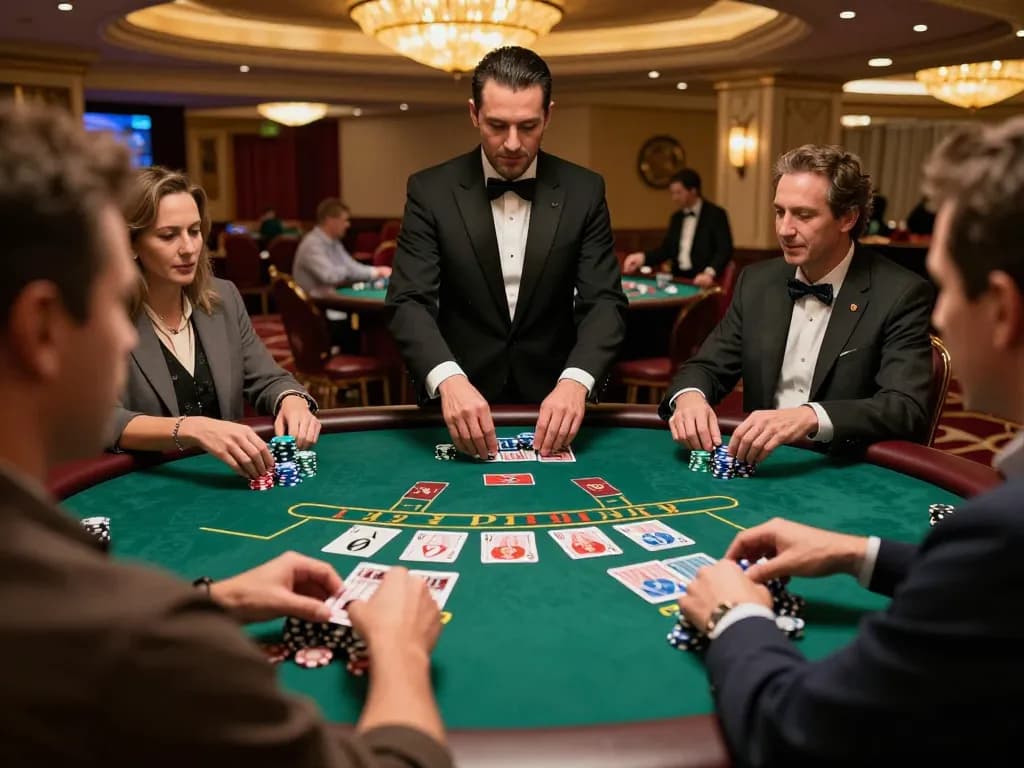 Players strategizing their next moves at BJ88 blackjack table, engaging action with chips and cards