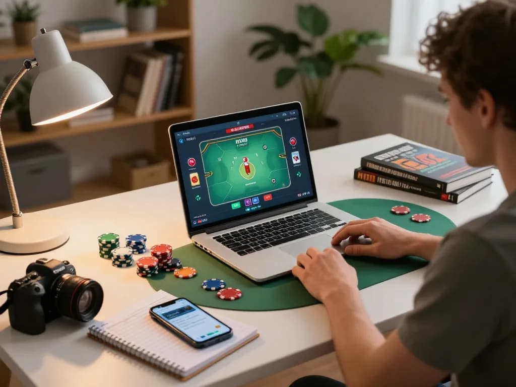 Engaging online poker scene with player strategizing bankroll management while using 888VND on laptop.