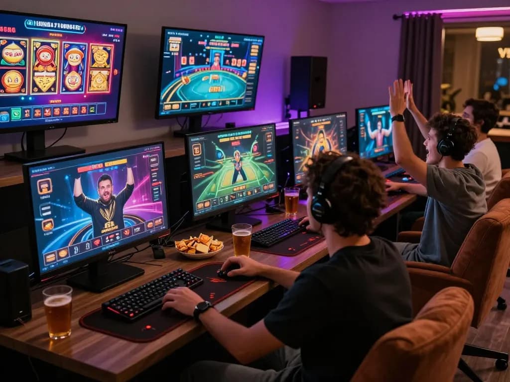 Exciting gaming atmosphere with rikbet players celebrating wins in a cozy setting.