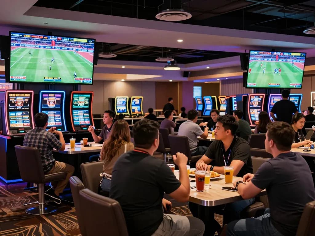 Watch keonhacai betting in action with fans immersed in live sports odds updates at a casino lounge.