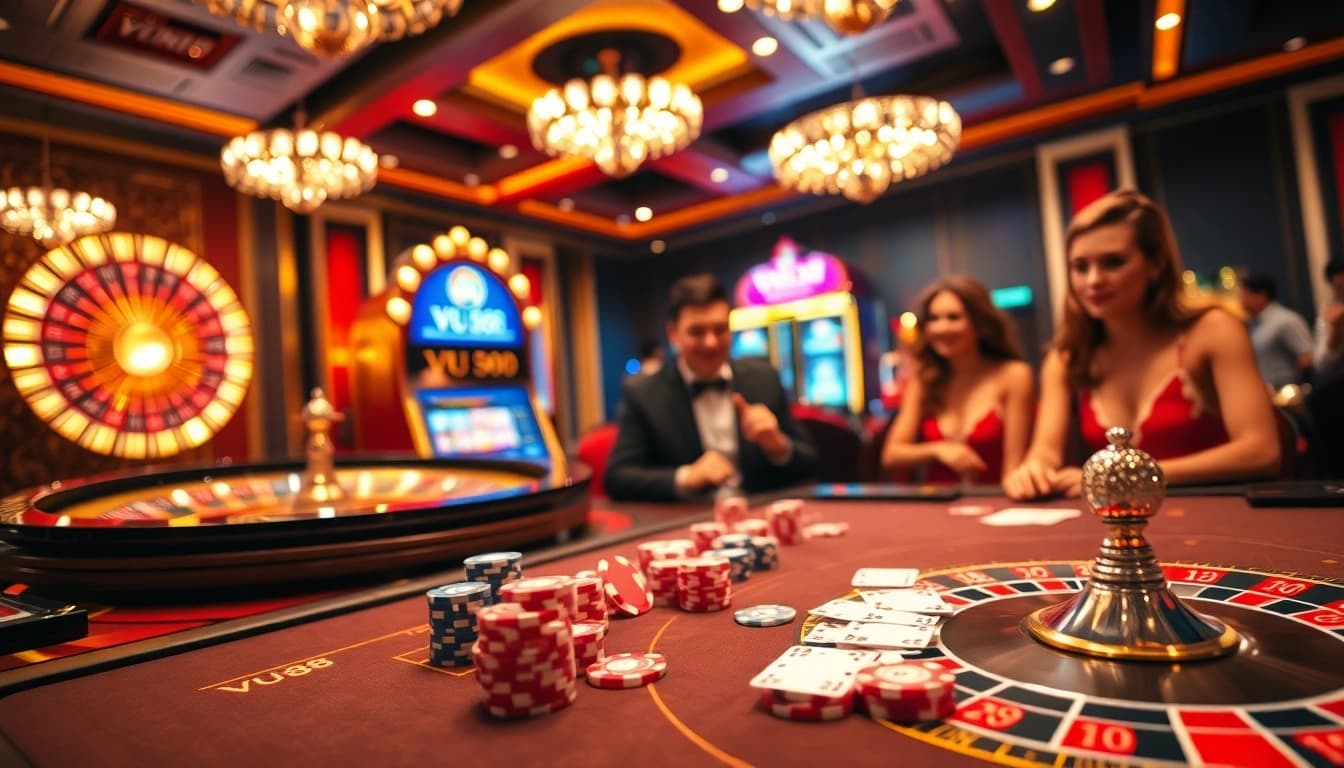 Excited players enjoy gaming at VU88's vibrant casino table with poker chips and cards.