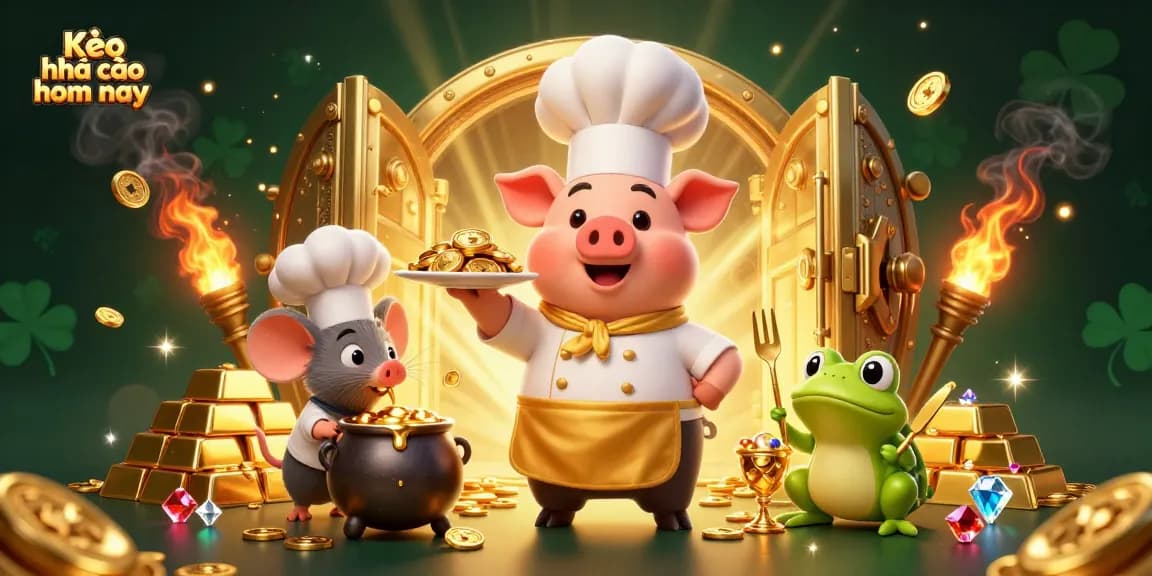 Place bets wisely with Kèo nhà cái hôm nay, featuring a pig chef serving gold coins and gambling treasures.