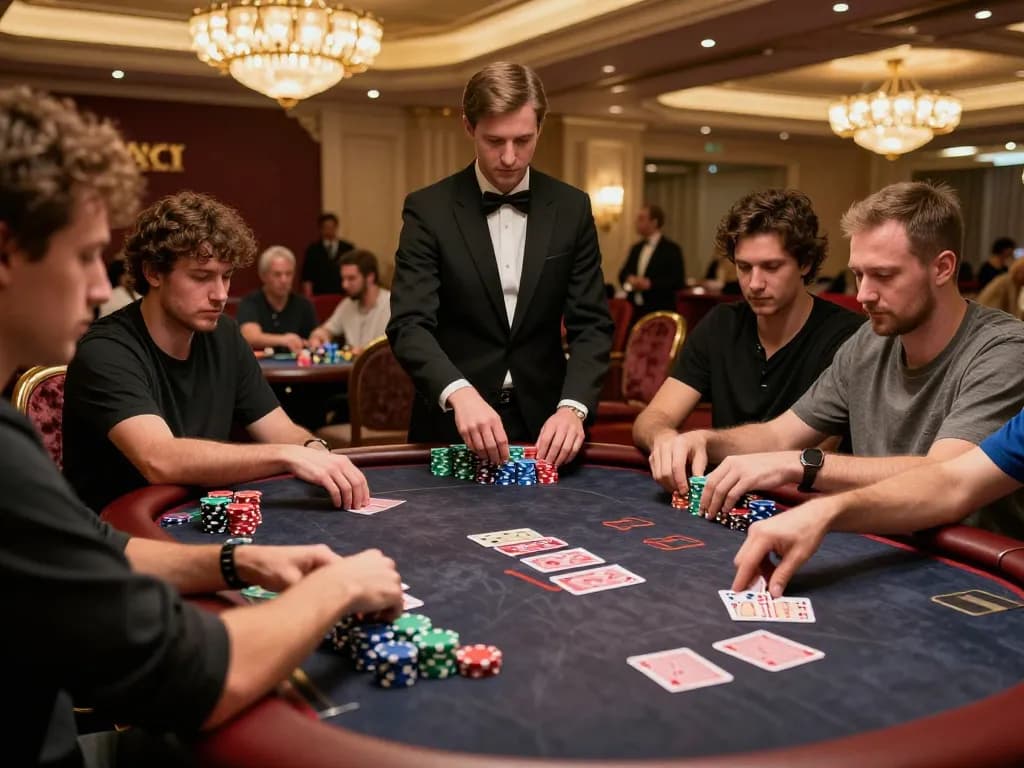 KUWIN 789 players strategizing during a high-stakes poker game in a luxurious casino setting.